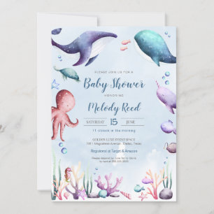 Invitación Bajo la acuarela marina Ocean Animals Baby Shower