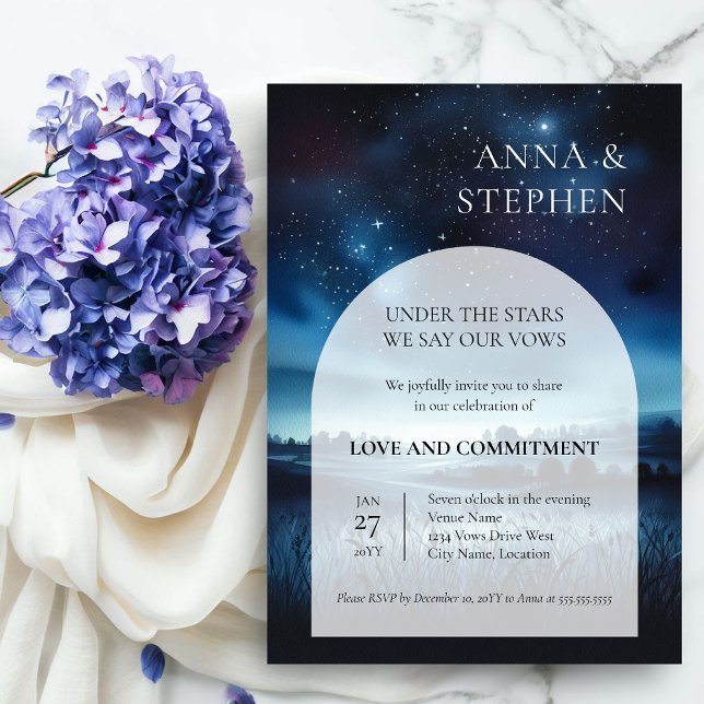 Invitación Bajo la ceremonia de compromiso de las estrellas (Under the stars commitment ceremony / vow exchange invitation front view.)