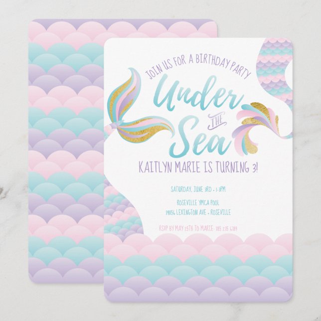 Invitación Bajo la Fiesta del Cumpleaños de la Sirena de Mar (Anverso / Reverso)