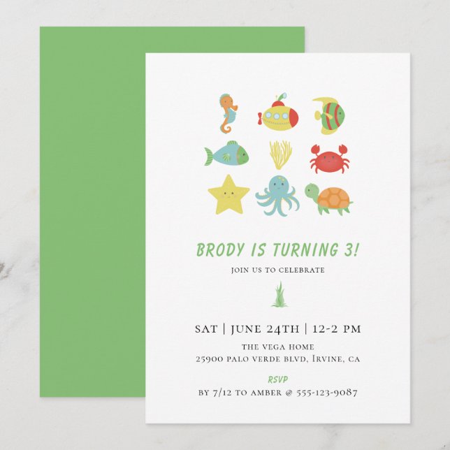 Invitación Bajo la Fiesta del Cumpleaños del Mar (Anverso / Reverso)