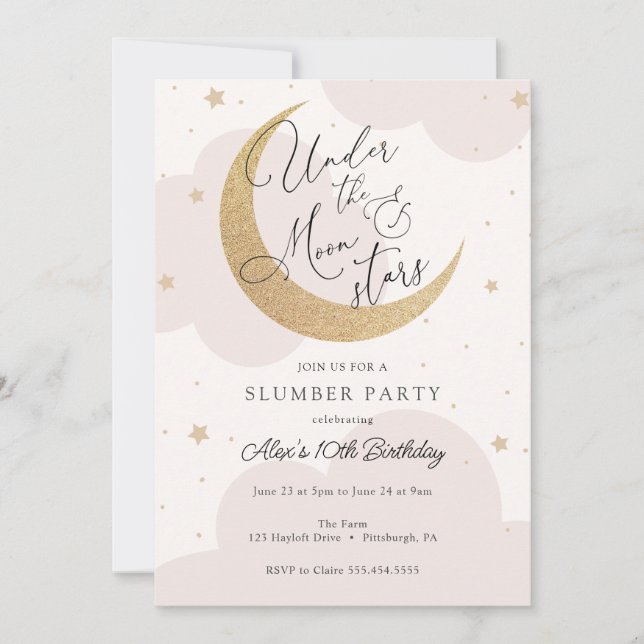 Invitación Bajo la Luna y las Estrellas Sleepover Cumpleaños (Anverso)