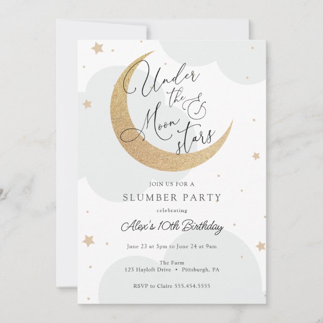 Invitación Bajo la Luna y las Estrellas Sleepover Cumpleaños (Anverso)