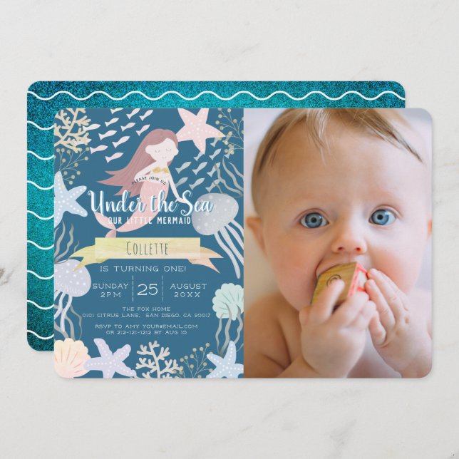 Invitación Bajo la marina de sirena marina, foto de primer cu (Anverso / Reverso)