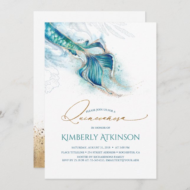 Invitación Bajo la sirena de oro marino Quinceanera (Anverso / Reverso)