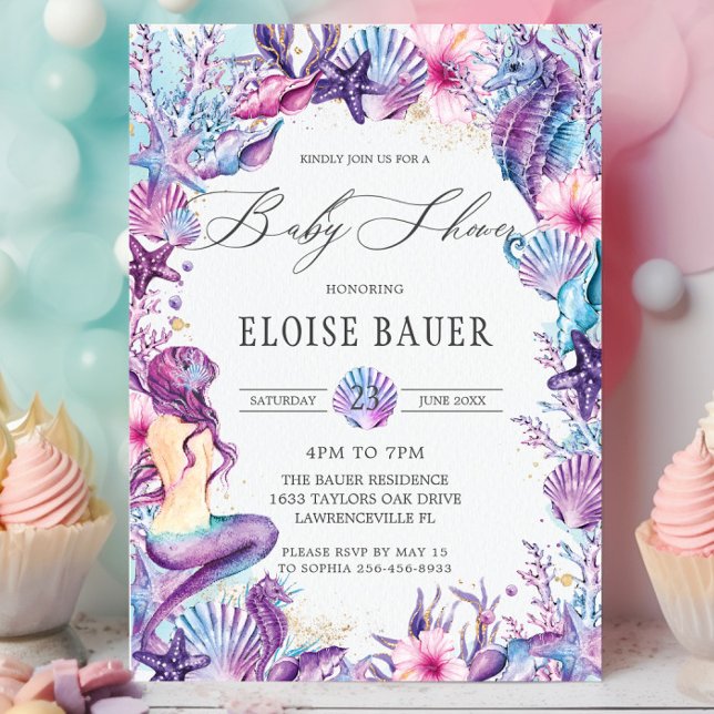 Invitación Bajo la sirena marina Baby Shower Morple Turquoise (purple-pink-mermaid-under-the-sea-shells-seahorses-baby-shower-invitation-cards-printed-digital)