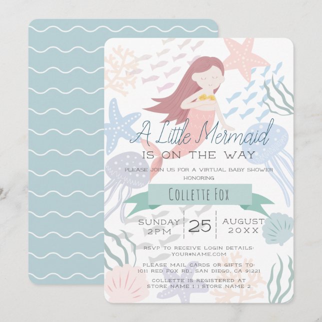 Invitación Bajo la sirena marina, Baby Shower virtual verde (Anverso / Reverso)