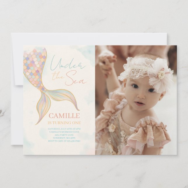 Invitación Bajo la sirena marina, foto de la fiesta de cumple (Anverso)