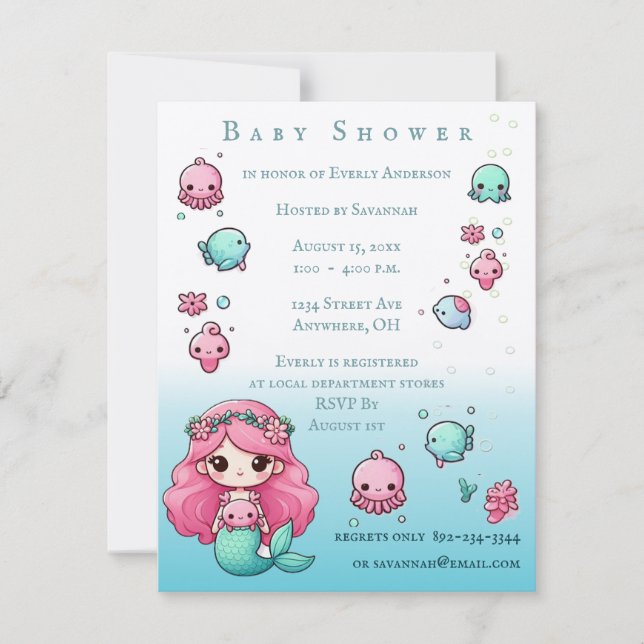 Invitación Bajo la sirena marina y las criaturas marinas Baby (Anverso)