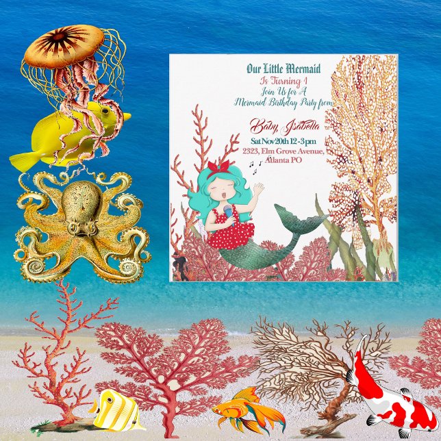 Invitación Bajo La Sirenita Del Mar Cantando El Cumpleaños De (Under The Sea Mermaid Singing Coral Reef Birthday Invitation)