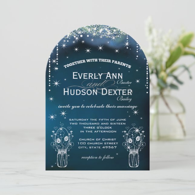 Invitación Bajo las estrellas Mason Jar Floral Farmhouse Boda (Anverso de pie)