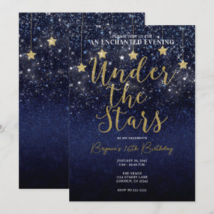 Invitación Bajo las estrellas Noche estrellada dorado azul fi