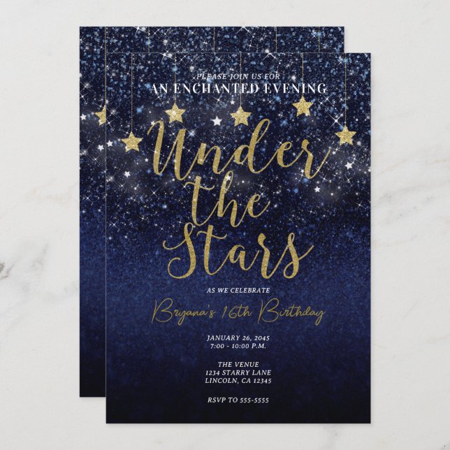 Invitación Bajo las estrellas Starry Night Gold Blue Prom Fie (Anverso / Reverso)
