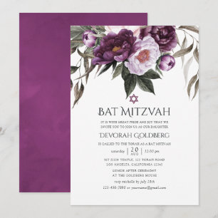 Invitación Bajo Mitzvah Floral de Terciopelo Profundo