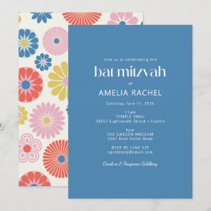 Invitación Bájt de Mitzvah Escandinavo Boho Folk Flor Azul