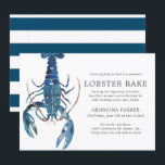 Invitación Bake Ocean Blue Lobster Birday | De rayas<br><div class="desc">Una serie de invitaciones de bogavante para el cumpleaños de su próxima barbacoa o fiesta relacionada con el marisco. Estas invitaciones incluyen un sencillo texto negro de carbón vegetal, junto con un ilustracion de langosta azul de un estilo acuático único centrado en un lado. En el reverso de la invitación...</div>