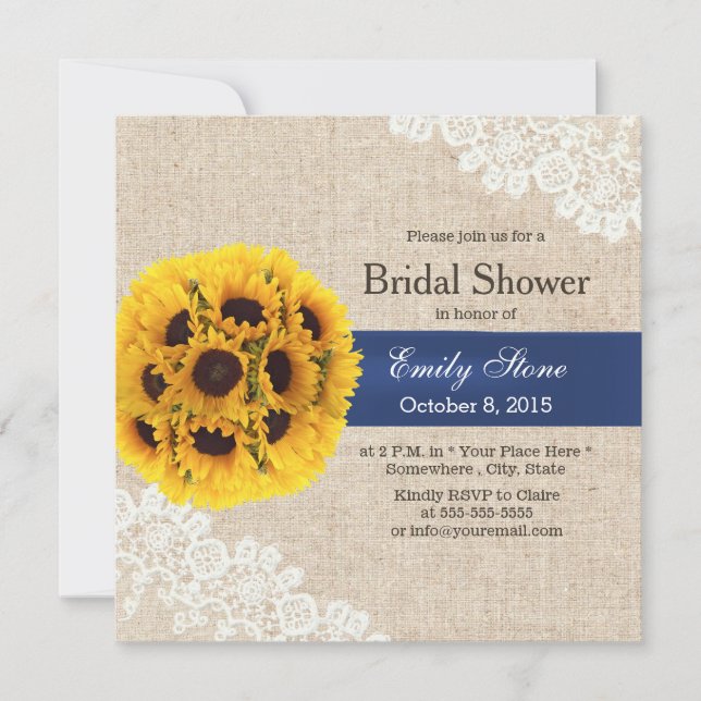 Invitación Balas de girasol en el campo Lace Burlap Ducha de  (Anverso)