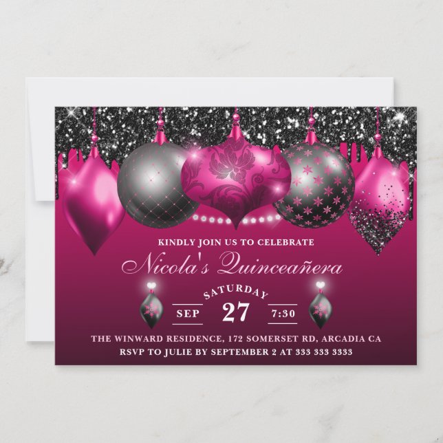 Invitación Balbuceos rosados y negros Quinceanera (Anverso)