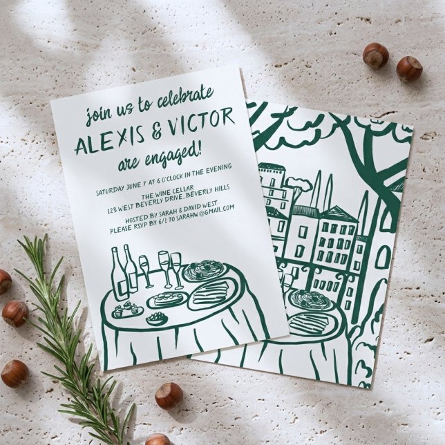 Invitación Balcón de comedor caprichoso para fiesta de compro (Whimsical Buffet Table Balcony Dinner Hand-drawn Custom Engagement Party Invitation
)