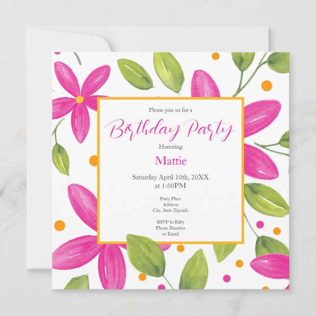 Invitación Balcón floral de acuarela rosa caliente (Anverso)