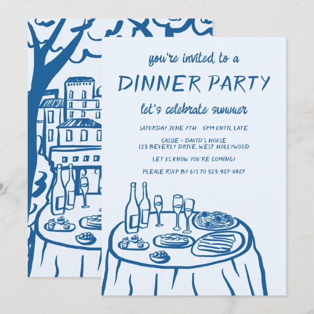 Invitación Balconcito de Fiesta de Cena Caprichosa Dibujado a (Anverso / Reverso)