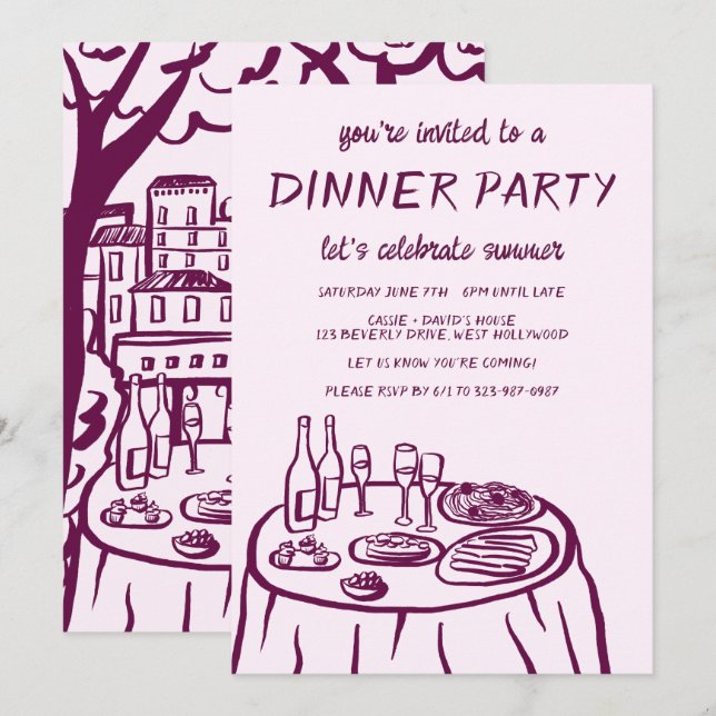 Invitación Balconcito de Fiesta de Cena Caprichosa Dibujado a (Anverso / Reverso)
