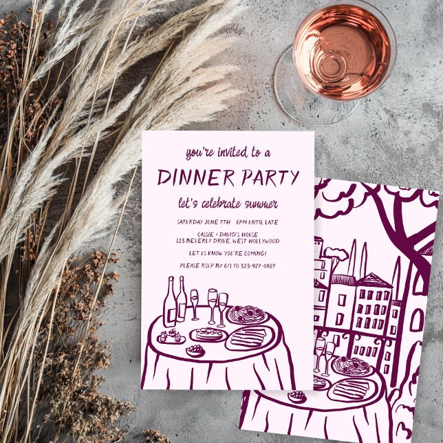 Invitación Balconcito de Fiesta de Cena Caprichosa Dibujado a (Whimsical Dinner Party Balcony  City Custom Hand-drawn Invitation
)