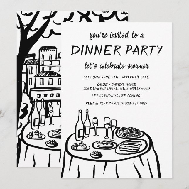Invitación Balconcito de Fiesta de Cena Caprichosa Dibujado a (Anverso / Reverso)