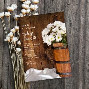Invitación Balde de madera Daisies Blancos Dulce 16 Fiesta de
