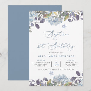 Invitación Baldosa azul Bautismo floral y primer cumpleaños