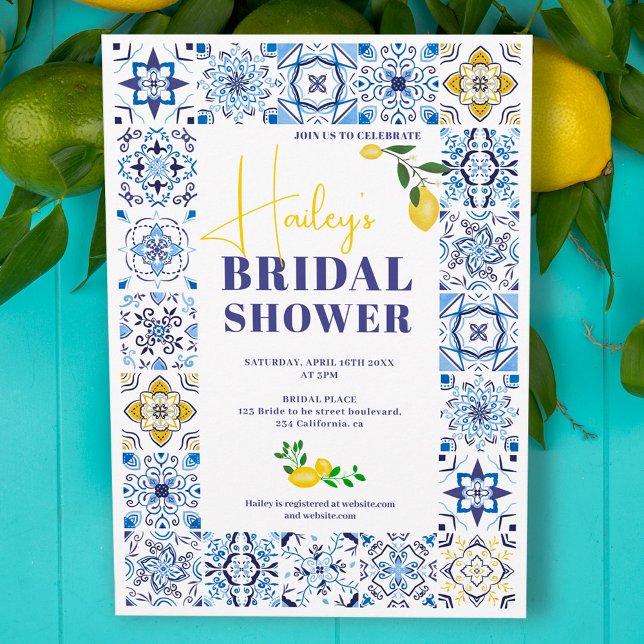 Invitación Baldosas azul limón italiano acuarela ducha de nov (Subido por el creador)