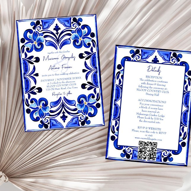 Invitación Baldosas azul mediterráneas en un solo boda (Blue Mediterranean French tiles all in one wedding Invitation template digital download qr RSVP)
