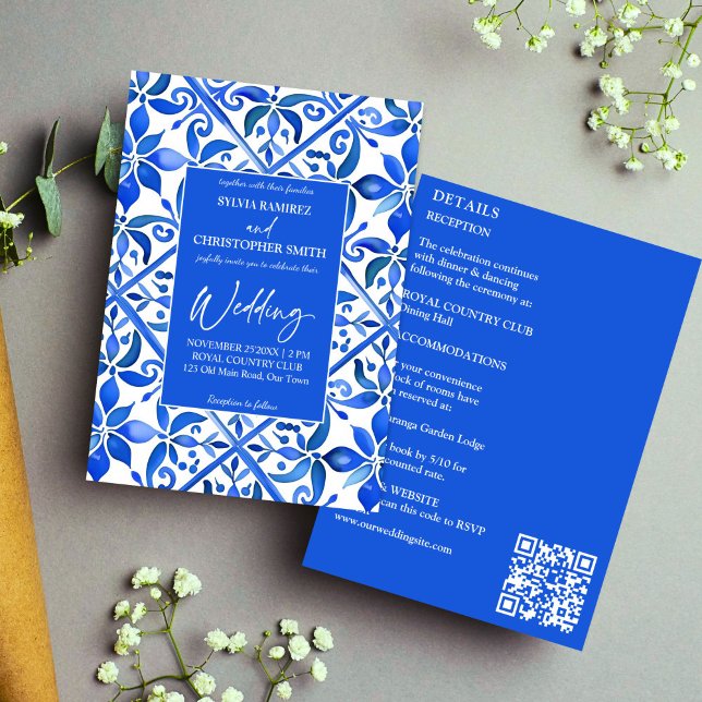 Invitación Baldosas azules azules de Talavera Azul en un solo (Blue Azulejo Talavera vintage Spanish tiles all in one wedding Invitation template instant download)