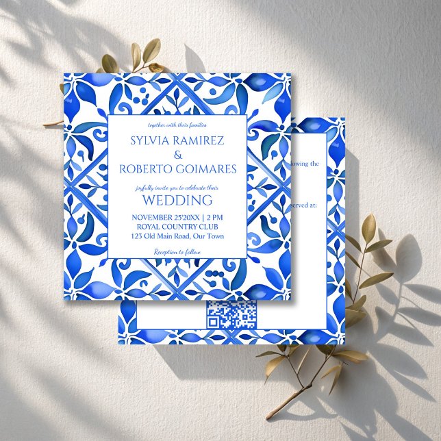 Invitación Baldosas azules azules de Talavera Azul en un solo (Blue Talavera Spanish tiles vintage Mexican wedding Invitations with RSVP template instant download)