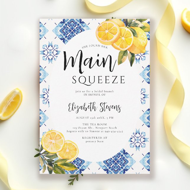 Invitación Baldosas azules de limón esqueado principal Ducha  (main squeeze bridal shower lemon theme mediterranean italian summer blue tile invitation)
