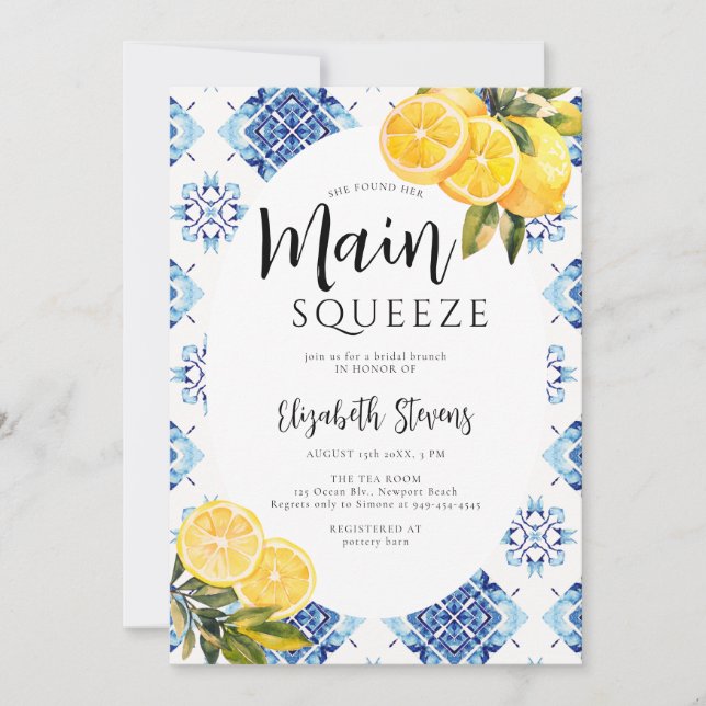 Invitación Baldosas azules de limón esqueado principal Ducha  (Anverso)
