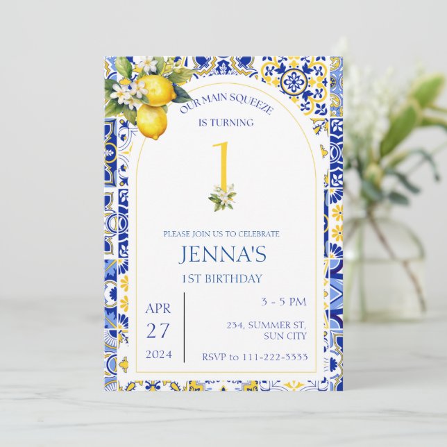 Invitación Baldosas azules de limón mediterráneo 12 cumpleaño (Anverso de pie)
