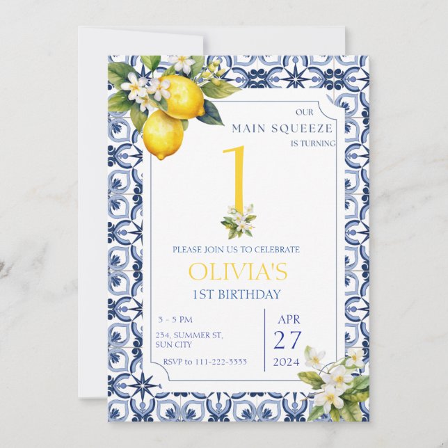 Invitación Baldosas azules de limón mediterráneo 12 cumpleaño (Anverso)