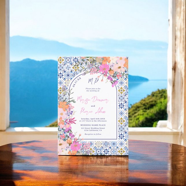 Invitación Baldosas azules italianas acuarela boda de fotogra (Italian blue tiles watercolor floral photo wedding invitation)