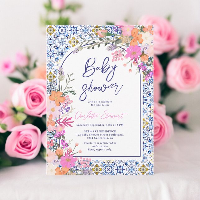 Invitación Baldosas azules italianas acuarela ducha de bebé f (Italian blue tiles watercolor floral baby shower invitation)