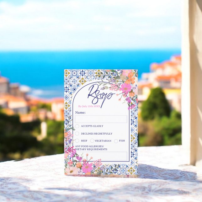 Invitación Baldosas azules italianas acuarela floral boda rsv (Italian blue tiles watercolor floral wedding rsvp)
