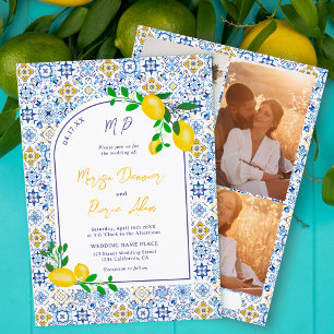 Invitación Baldosas azules italianas acuarela limón boda