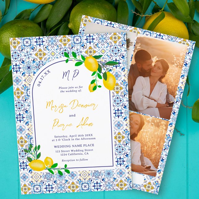 Invitación Baldosas azules italianas acuarela limón boda (Subido por el creador)