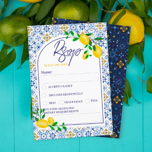 Invitación Baldosas azules italianas acuarela limón boda rsvp