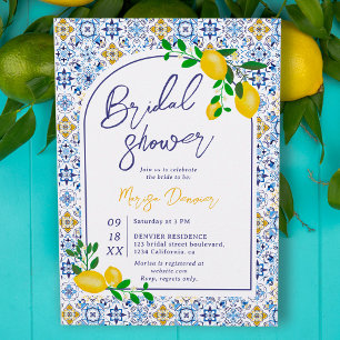 Invitación Baldosas azules italianas acuarela limón ducha de