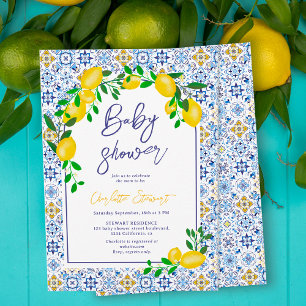 Invitación Baldosas azules italianas agua limón bebé ducha