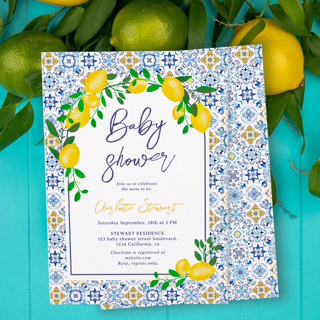 Invitación Baldosas azules italianas agua limón bebé ducha (Subido por el creador)