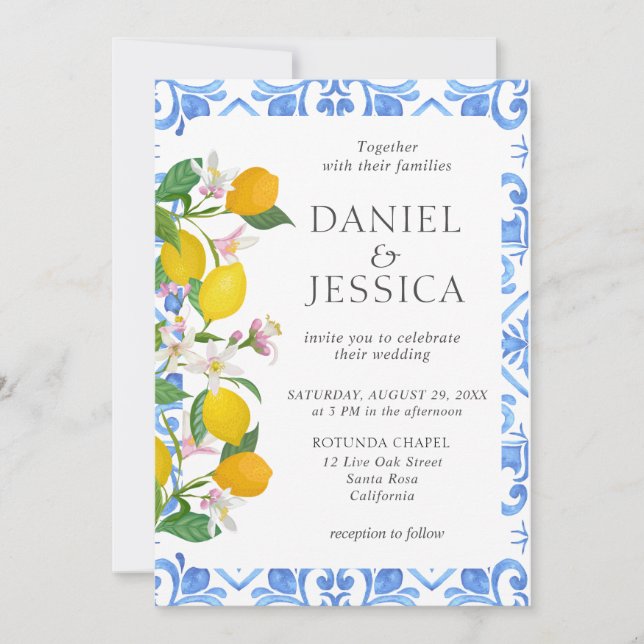 Invitación Baldosas azules italianas color agua limón boda (Anverso)