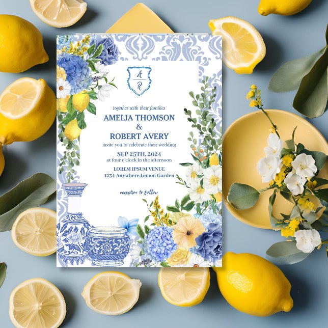 Invitación Baldosas azules mediterráneas de verano Boda limón (Subido por el creador)