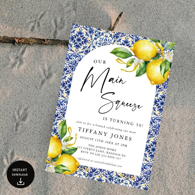 Invitación Baldosas azules mediterráneas Lemones 50 cumpleaño (Subido por el creador)
