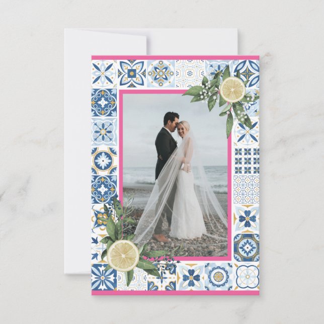 Invitación Baldosas azules mediterráneas Pink Lemon Photo Car (Anverso)
